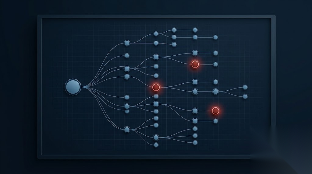 External attack surface map: a root domain branching to subdomains and hosts, with reachable exposures highlighted.