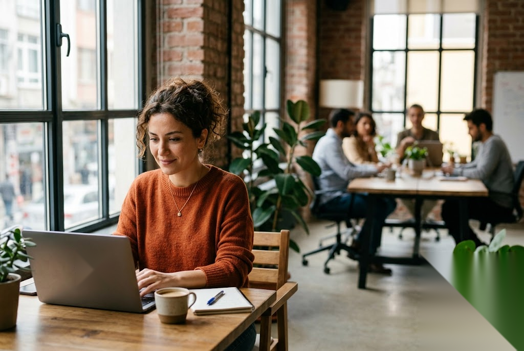 A startup founder working at a laptop in a bright co-working space.