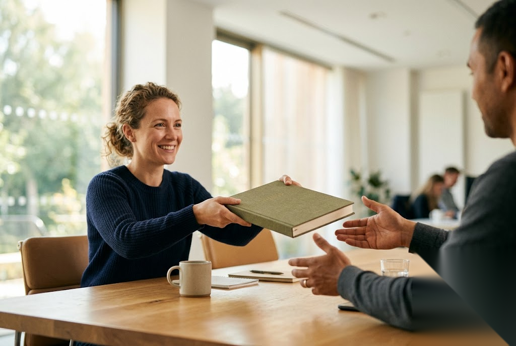 One professional handing a bound report across a table to another in a bright office.