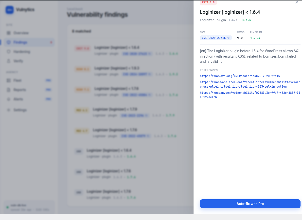 Vulnytics findings list with CVE detail drawer