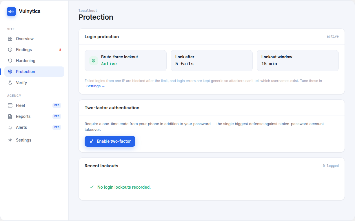 Vulnytics protection: virtual patching shield and 2FA