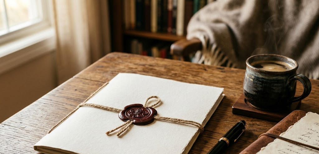 A wax-sealed evidence dossier, a fountain pen and coffee on a warm wooden desk.